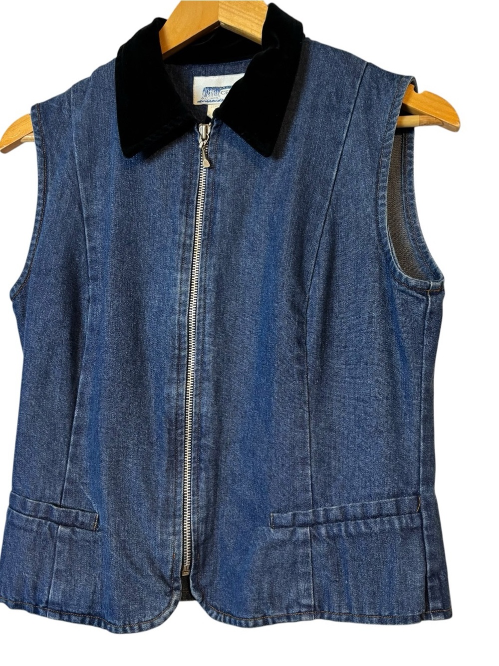 Vintage Central Falls USA denim vest Black Velvet Colar cotton blend Size M